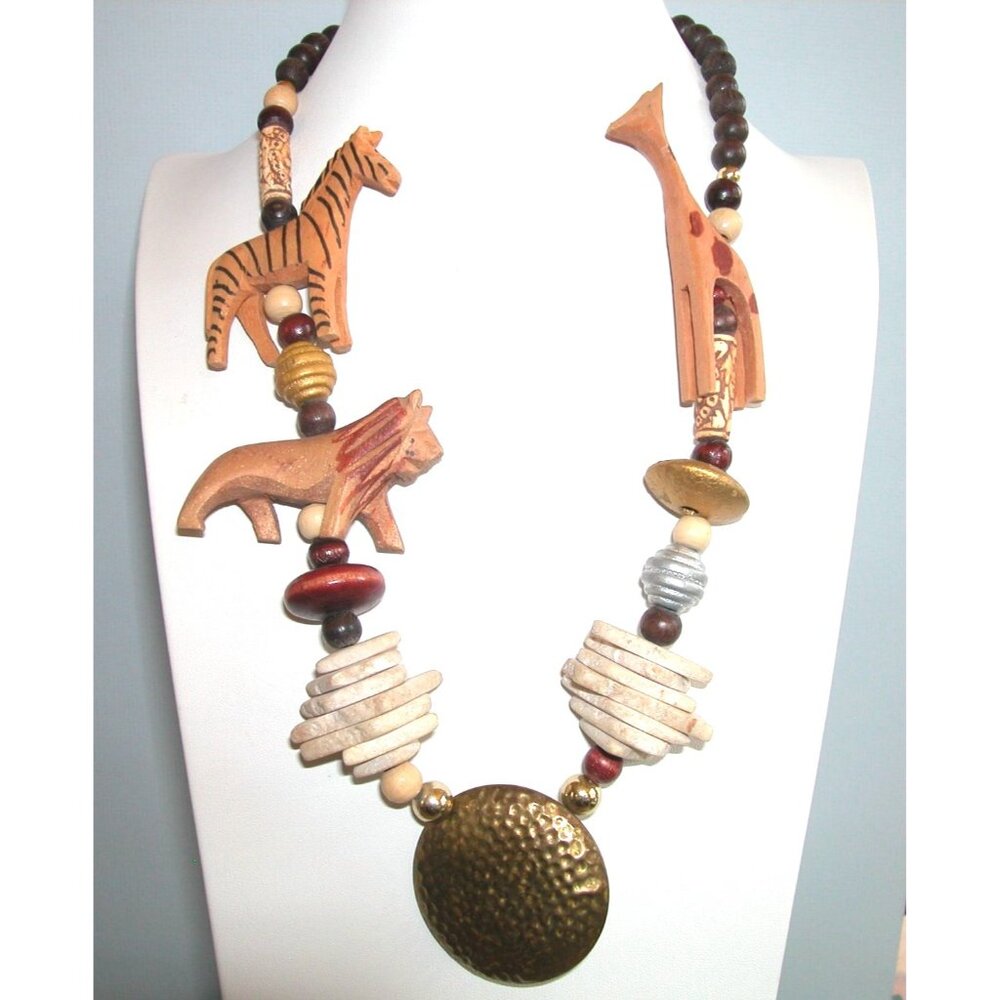 African Safari Themed Necklace With Wooden Animal Figures & Brass Disc Pendant